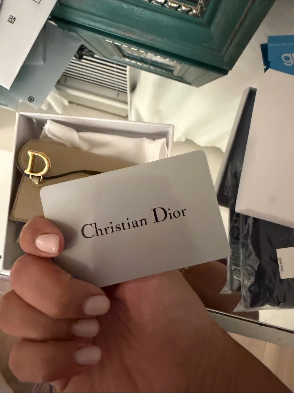 Dior Taupe Saddle Card Case with Gold 'D' Charm
